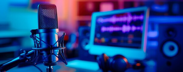Professional broadcast-ready studio microphone with shock mount set against a blurred background of digital audio workstation, vibrant blue and purple tones add a modern, high-tech feel.