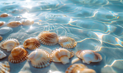 Obraz na płótnie Canvas Seashells in clear sea water on a sandy beach in the sunshine. Summer and travel concept banner.