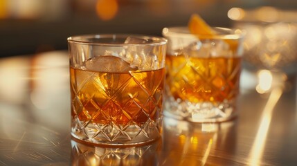 Glasses of whiskey with ice cubes