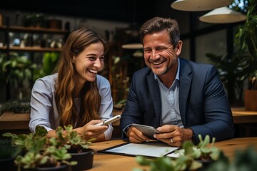 Two professionals, a man and a woman, sit at a table, smiling, communicating, and working together.