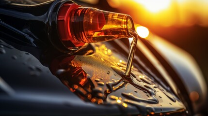 Auto mechanic performing oil change, pouring new motor oil into the engine of a car - obrazy, fototapety, plakaty