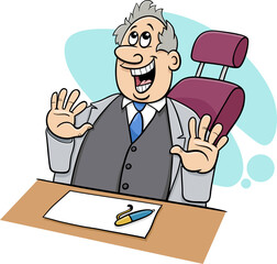 happy cartoon boss or businessman behind the desk