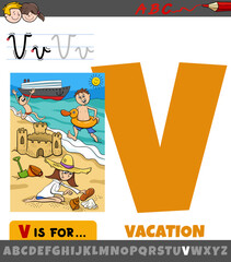 letter V from alphabet with cartoon illustration of vacation phrase