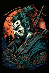 Japanese Samurai warrior illustrated T-shirt, poster design isolated on black background. Ai Generative