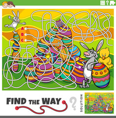 maze game with cartoon Easter bunnies and chick on Easter time