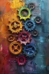 Interlocking gears in a spectrum of colors against a pastel abstract background, representing collaboration and equal contributions.