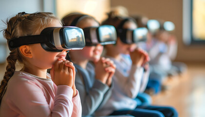 A group of young children wearing virtual reality helmets are being trained at a daycare centre VR