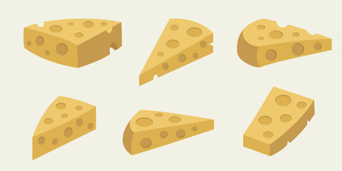 A set of cheese pieces. Cheese with holes in it. Vector cheese product.