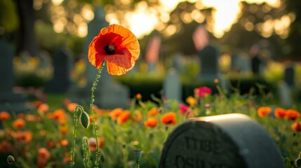 Red poppy growing on the graveyard with tombstones