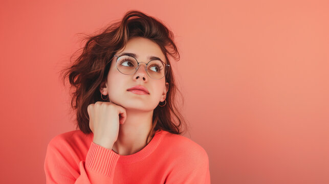 Portrait of young woman with dreamy cheerful expression, looking right, thinking, wearing round glasses on Coral color background professional photography