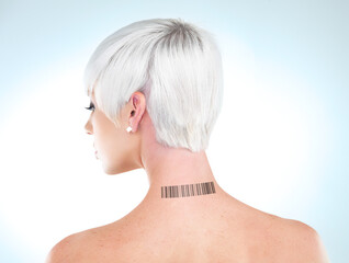 Back, woman and barcode on her neck, data and registration on a blue studio background. Model,...