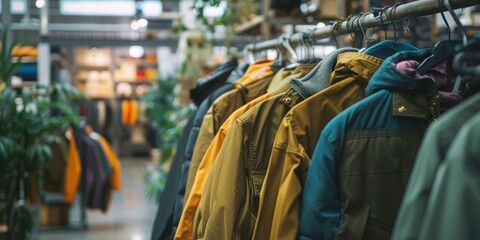 Fototapeta premium A rack of jackets in a store with a green plant in the background