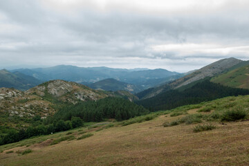 Fototapeta premium a scenic view of rolling green hills and distant mountains under a cloudy, serene sky