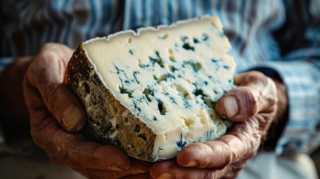 Elderly man holding a piece of gourmet Roquefort cheese, vibrant color contrast