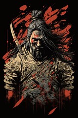 Fototapeta na wymiar Japanese Samurai warrior illustrated T-shirt, poster design isolated on black background. Ai Generative