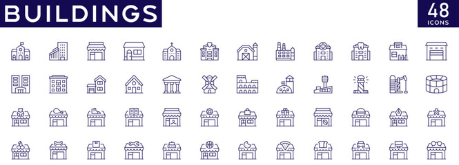 Building icons set with fully editable stroke thin line vector illustration with home, apartment, industrial building, school, store, church, exterior, construction, office, bank, hospital, hotel