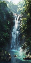 Fototapeta na wymiar Waterfall hides the entrance to a secret cave - Water's force and the mist create a natural veil, challenging adventurers hidden path behind the cascade created with Generative AI Technology