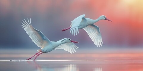 Male and female storks delivering bundles against a dreamy pastel sky, symbolizing new beginnings and partnership. - obrazy, fototapety, plakaty
