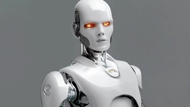 Humanoid robot with glowing red eyes. Futuristic artificial intelligence concept for technology and robotics design. Modern white android. Plain light background. Motion