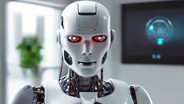 Advanced humanoid robot with red eyes and a complex network of circuits. Modern white robot android. High-tech artificial intelligence and robotics concept. Motion