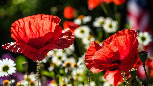 Two flowers of red poppy and flag of the usa