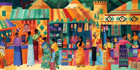A colorful painting of a market scene with people shopping and selling