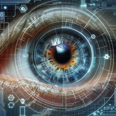 Futuristic Biometric Identification: A Detailed Human Eye Surrounded by Advanced Digital Interface