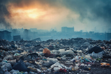 A massive heap of garbage dumped on a field at the citys outskirts, symbolizing environmental pollution and ecological harm