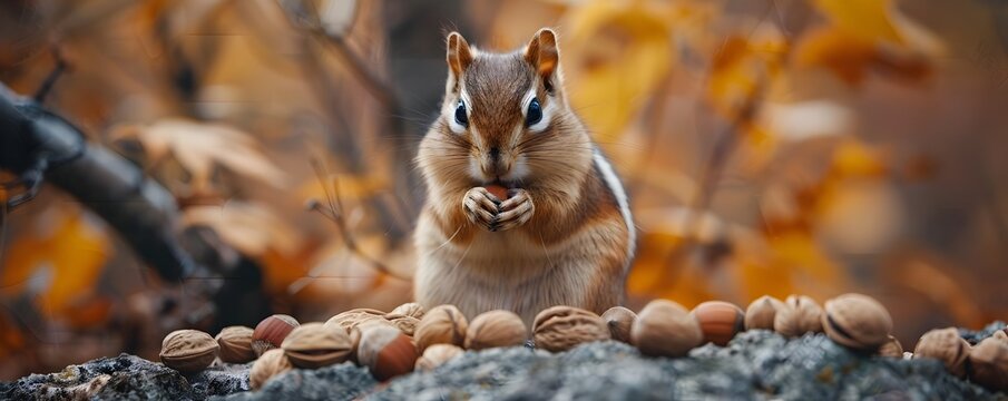 A squirrel is eating nuts on the ground. The nuts are scattered around the squirrel, and it is enjoying its snack