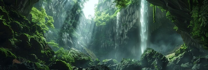 Waterfall hides the entrance to a secret cave - Water's force and the mist create a natural veil, challenging adventurers hidden path behind the cascade created with Generative AI Technology - obrazy, fototapety, plakaty