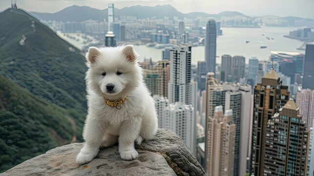 a cute white fluffy Samoyed puppy, adorned with a golden collar, against the stunning backdrop of the vibrant city.