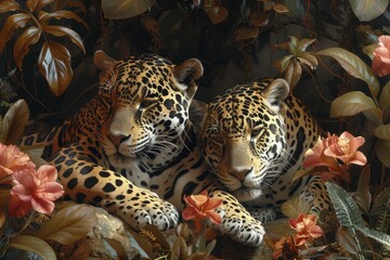 Jaguars in a soft-hued jungle exhibit the strength of unity and fairness in their serene restful pose.