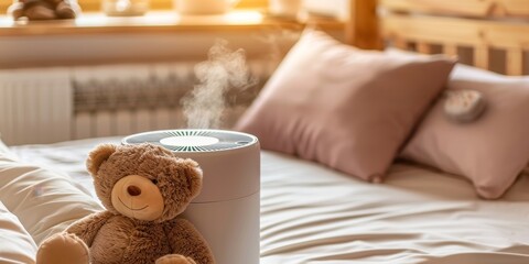 A teddy bear sits on a bed next to a humidifier