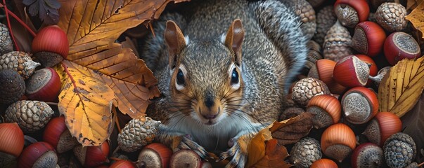 A squirrel is laying in a pile of acorns and leaves. The squirrel is looking up at the camera