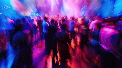 Blurred background, happy student people dancing in disco club. Nightlife concept.
