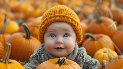 A baby wearing a yellow hat is surrounded by many pumpkins