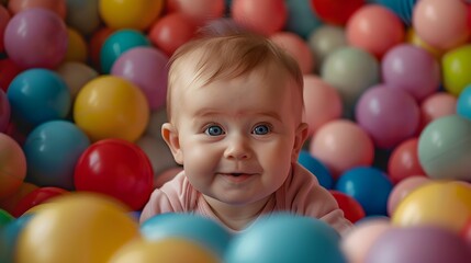 Fototapeta na wymiar A baby is laying in a pile of colorful balls. The baby is smiling and looking at the camera