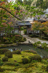 Fototapeta na wymiar 日本　滋賀県犬上郡甲良町にある西明寺の本坊庭園、蓬莱庭と紅葉