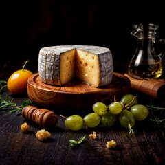 Excellent cheese, on a wooden stand, healthy and tasty products.