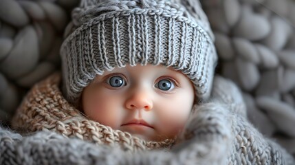 A baby wearing a hat and a blanket. The baby has blue eyes and is looking at the camera
