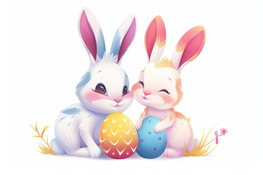 illustration of cute cartoon rabbits with colorful Easter eggs on a white background