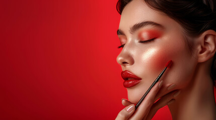 Fototapeta premium The makeup artist applies powder and blush. A beautiful woman faces. A make-up master puts blush on the cheeks of a beauty model girl. Make-up is in process. beautiful woman on red background