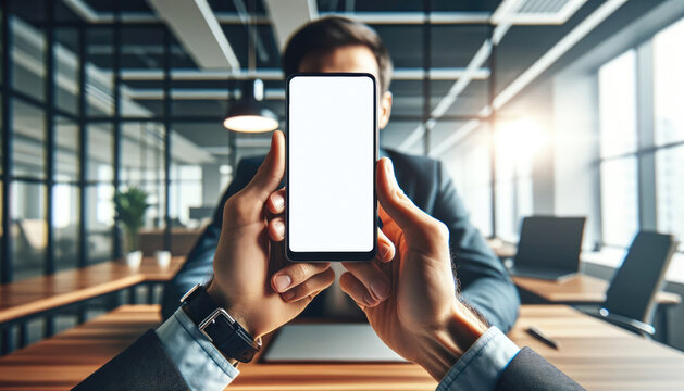 Close up of hands holding a smartphone with a blank screen next to a laptop on a wooden desk, ideal for app presentation.