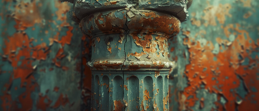 Pillar in front of the house, ancient cement house with cracks and decay, vintage style, copy space background cover vintage concept old wall old wood