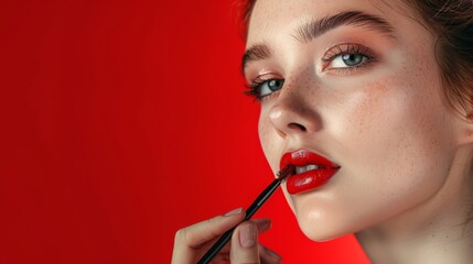 The makeup artist applies powder and blush. A beautiful woman faces. A make-up master puts blush on the cheeks of a beauty model girl. Make-up is in process. beautiful woman on red background