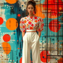 Fashionable woman in white trousers and blouse posing on colorful background.
