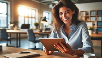 Smiling professional woman engaged with a tablet in a bright, contemporary office setting, signifying productivity and digital workflow. - obrazy, fototapety, plakaty