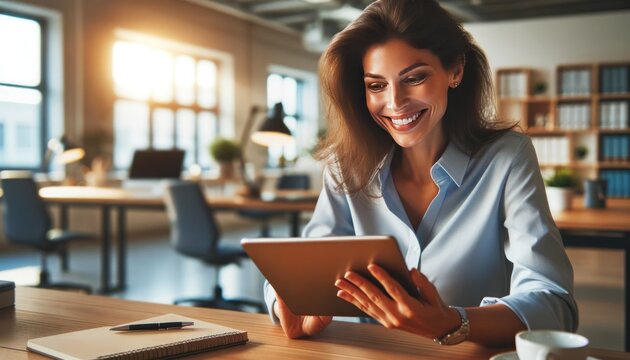 Smiling professional woman engaged with a tablet in a bright, contemporary office setting, signifying productivity and digital workflow.