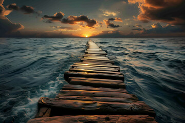 old wooden pier in the sea, at sunset - obrazy, fototapety, plakaty