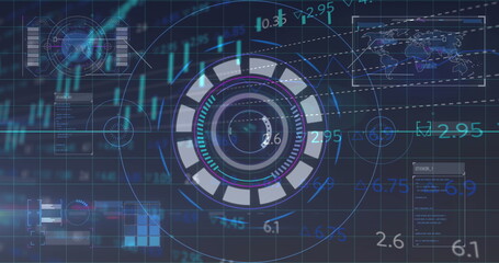 Image of rotating safe over data processing on black background